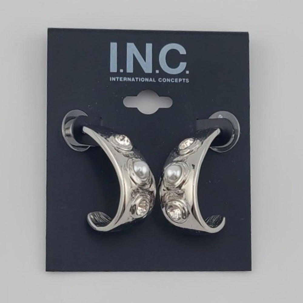 INC International Concepts Silver Tone Chunky J-Hoop Faux Pearl Crystal Earrings